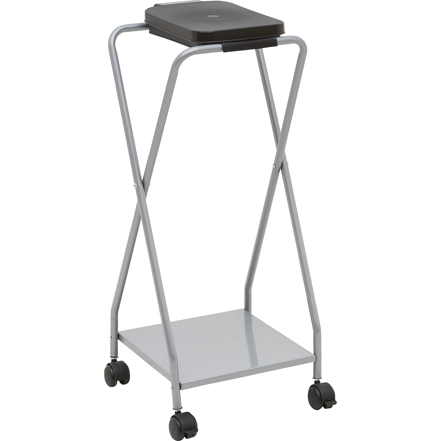 Steel waste sack holder with plastic lid, for capacities up to 120 l, wheeled base, black lid.