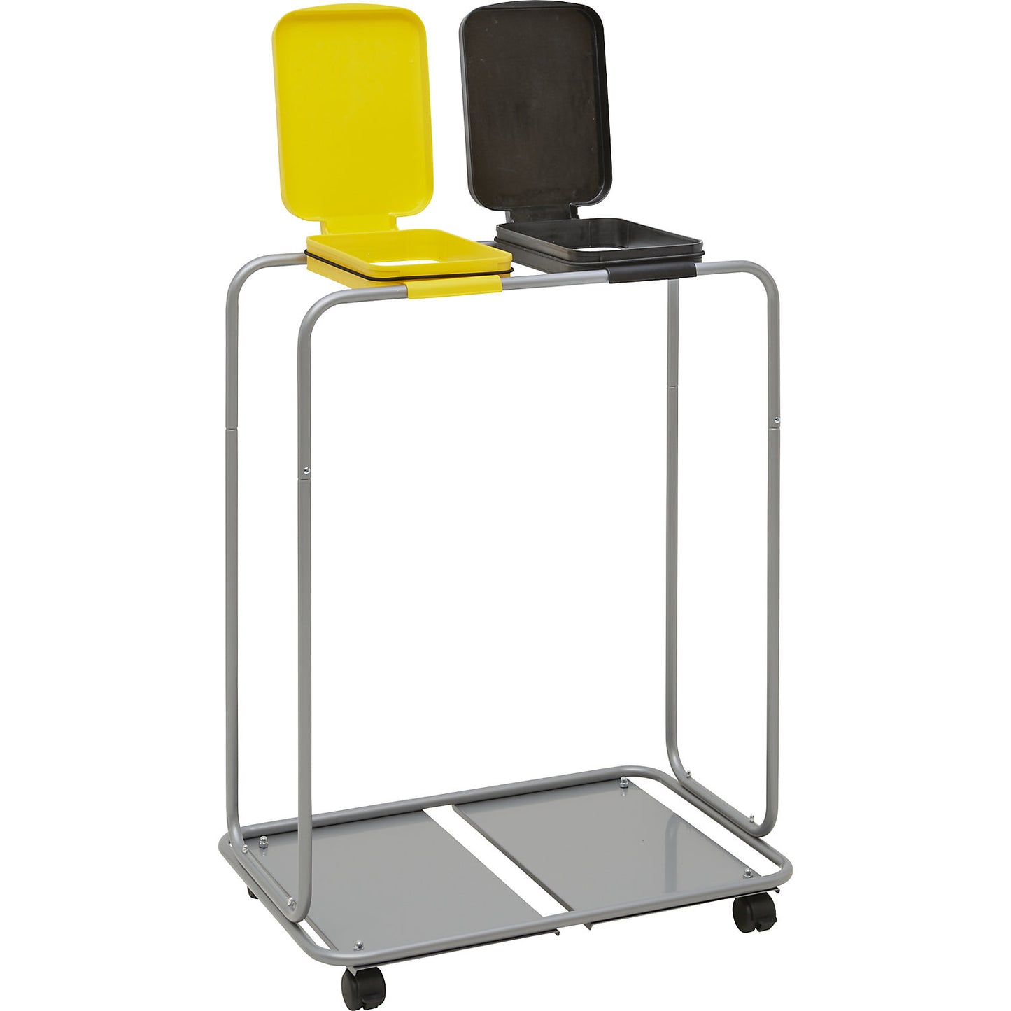 Steel waste sack holder with plastic lid, for capacities up to 2 x 120 l, wheeled base, yellow and black lid.