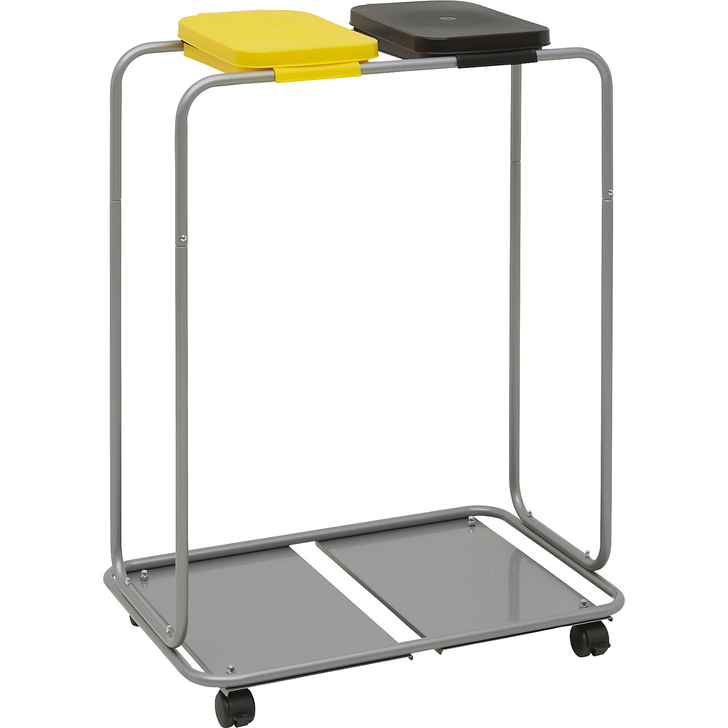 Steel waste sack holder with plastic lid, for capacities up to 2 x 120 l, wheeled base, yellow and black lid.