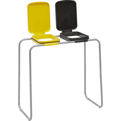 Steel waste sack holder with plastic lid, for capacities up to 2 x 120 l, static frame, yellow and black lid.