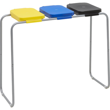 Steel waste sack holder with plastic lid, for capacities up to 3 x 120 l, static frame, blue, yellow, black lid.