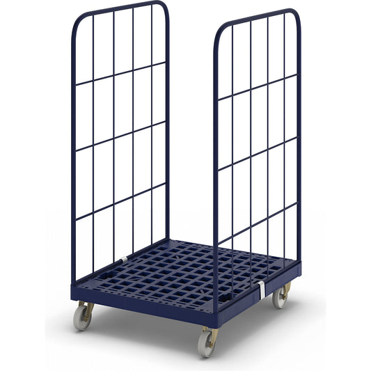 Roll container with plastic dolly, 2-sided, WxD 724 x 815 mm, effective height 1350 mm.