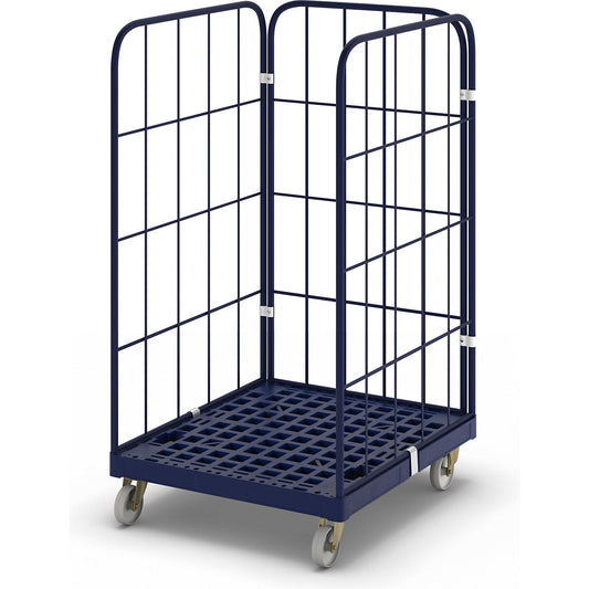 Roll container with plastic dolly, 3-sided, WxD 724 x 815 mm, effective height 1350 mm.