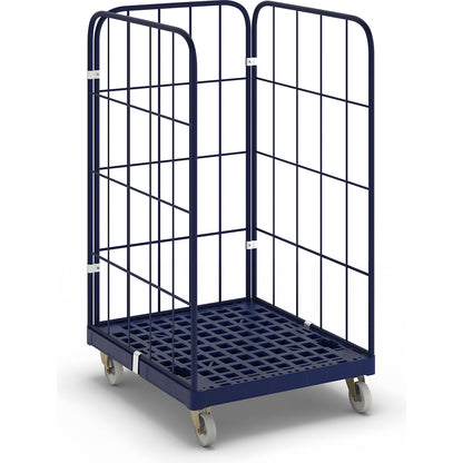 Roll container with plastic dolly, 3-sided, WxD 724 x 815 mm, effective height 1350 mm.