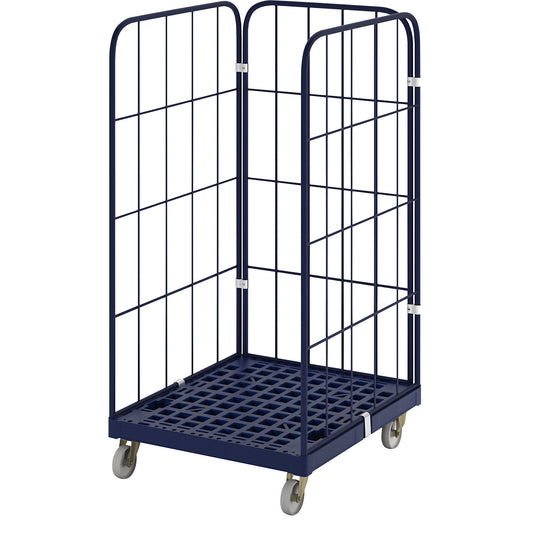 Roll container with plastic dolly, 3-sided, WxD 724 x 815 mm, effective height 1450 mm.