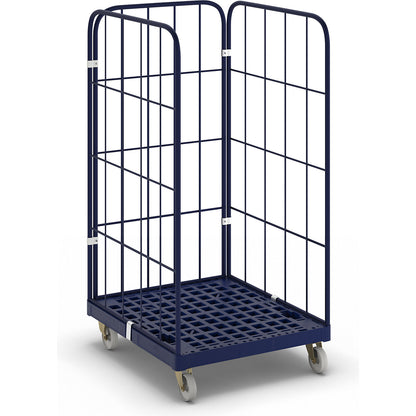 Roll container with plastic dolly, 3-sided, WxD 724 x 815 mm, effective height 1450 mm.