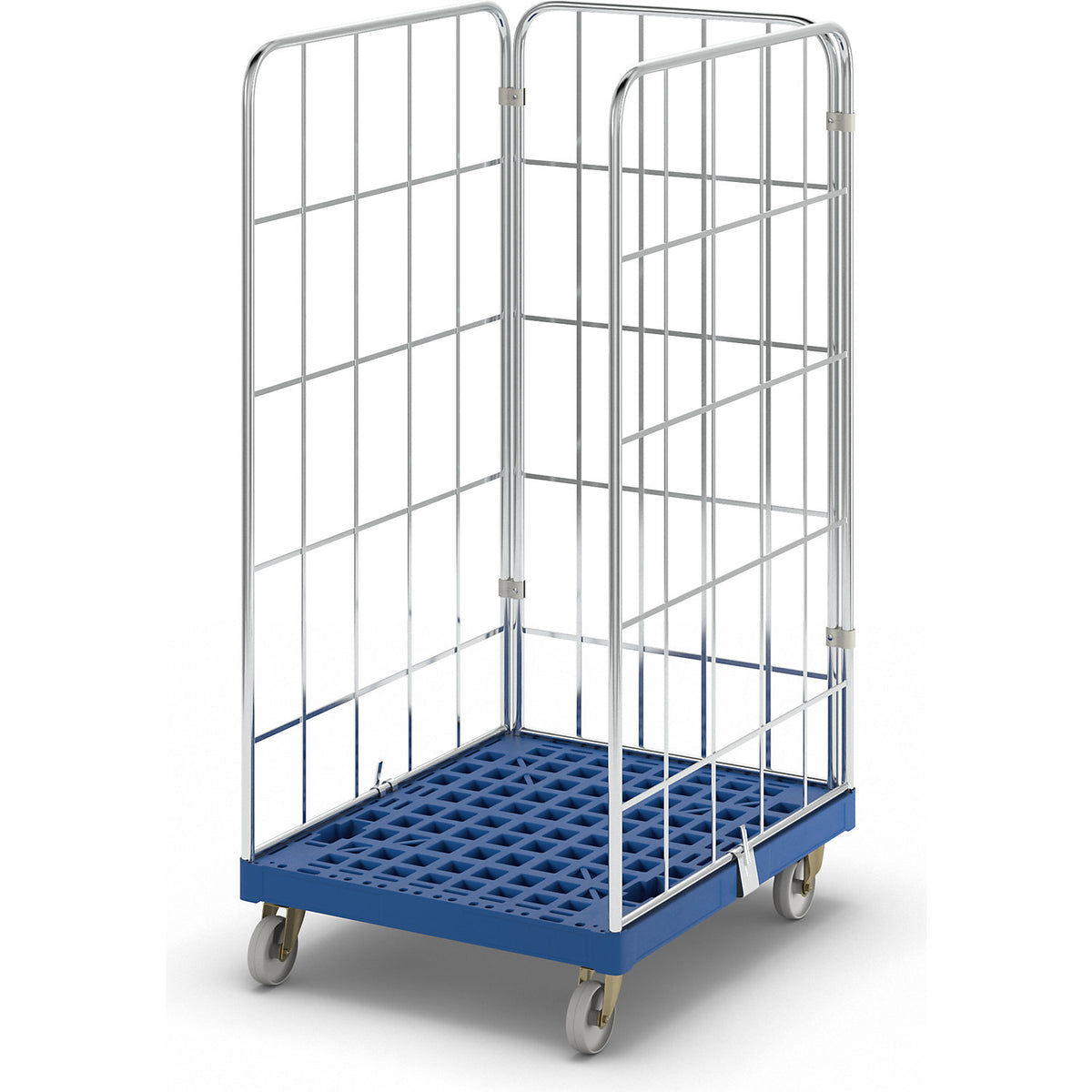 Roll container with plastic dolly, 3-sided, WxD 682 x 815 mm, effective height 1460 mm.