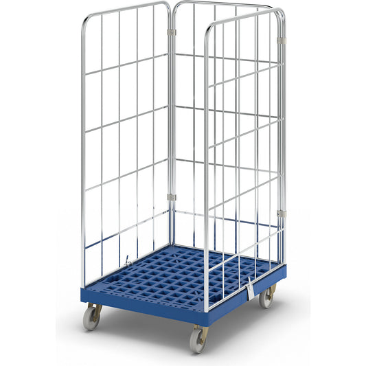 Roll container with plastic dolly, 3-sided, WxD 682 x 815 mm, effective height 1460 mm.