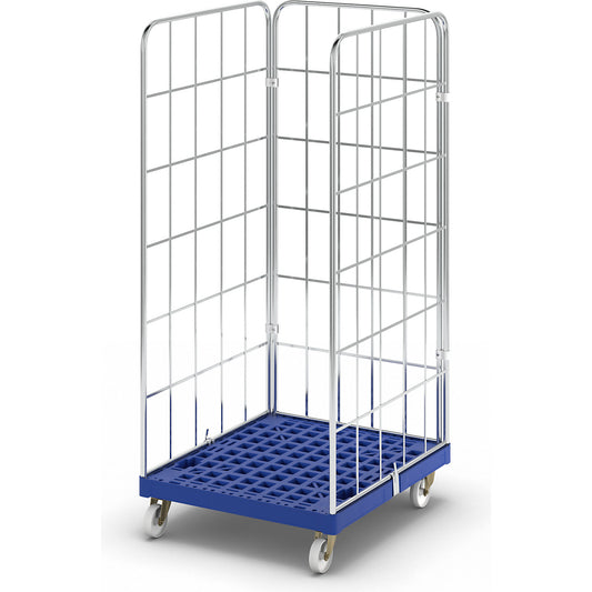 Roll container with plastic dolly, 3-sided, WxD 724 x 815 mm, effective height 1650 mm.