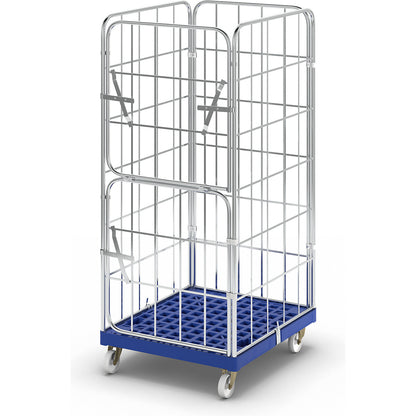 Roll container with plastic dolly, 4 sided, WxD 724 x 815 mm, folding front panel, effective height 1650 mm.