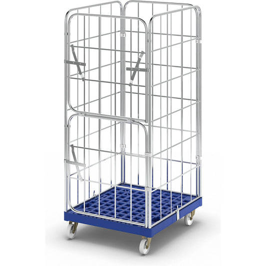 Roll container with plastic dolly, 4 sided, WxD 724 x 815 mm, folding front panel, effective height 1650 mm.