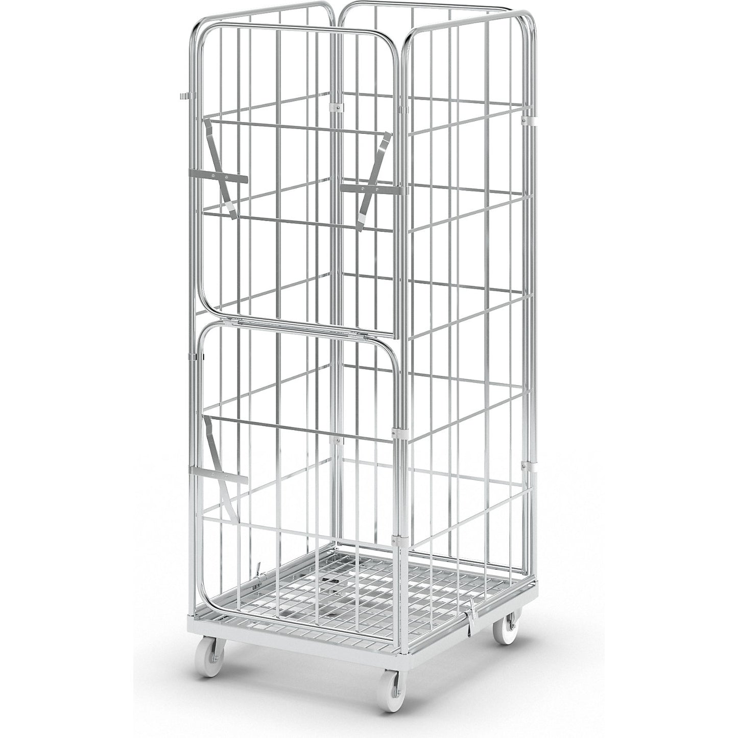 Steel roll container, 4-sided, overall height 1830 mm, 1 front panel, hinged and half folding.