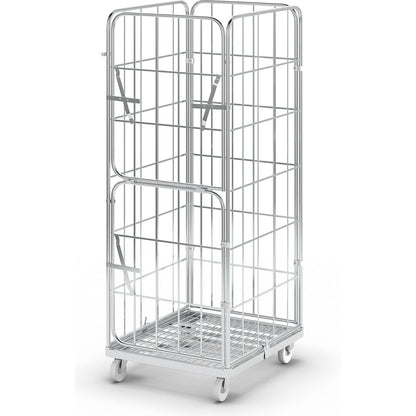 Steel roll container, 4-sided, overall height 1830 mm, 1 front panel, hinged and half folding.