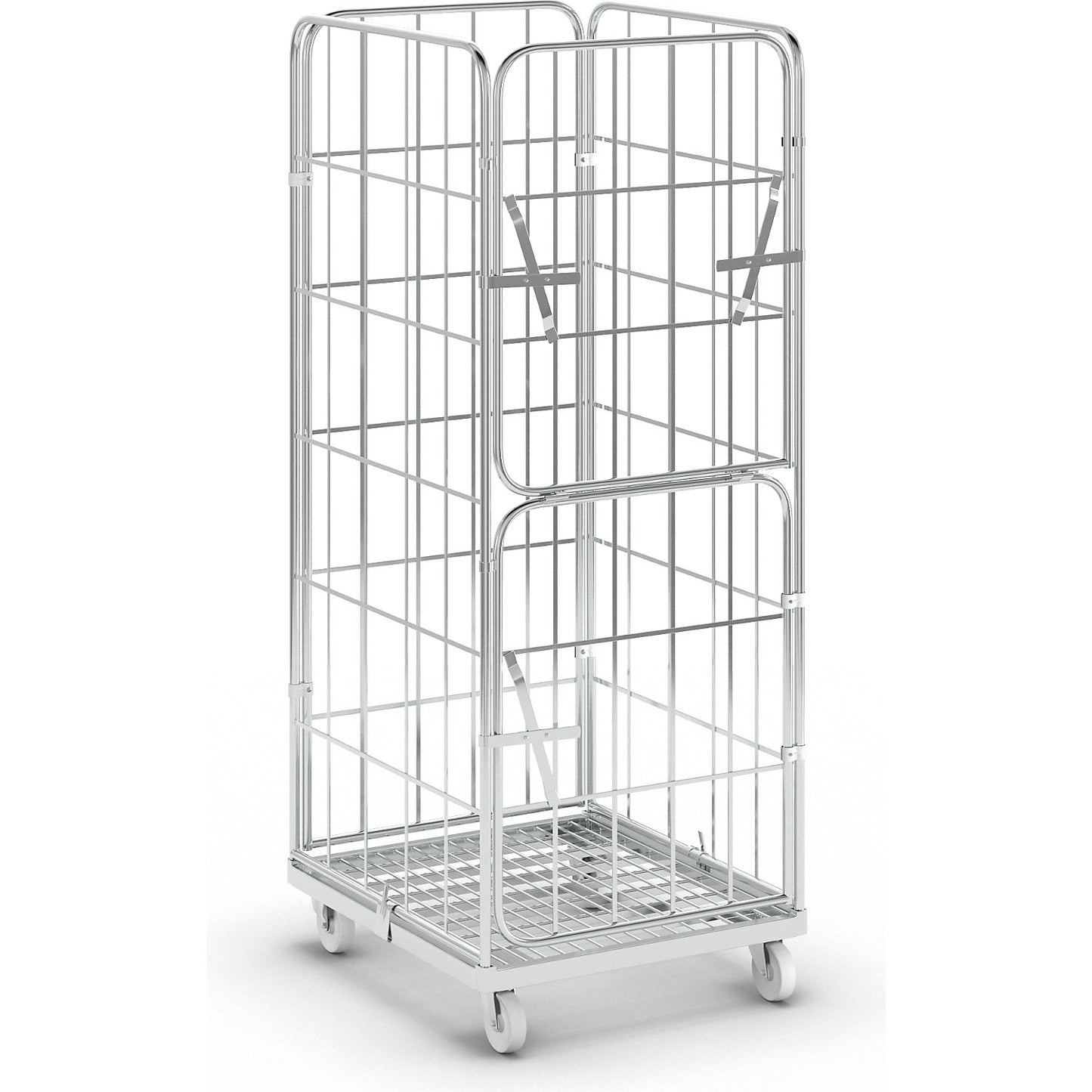 Steel roll container, 4-sided, overall height 1830 mm, 1 front panel, hinged and half folding.