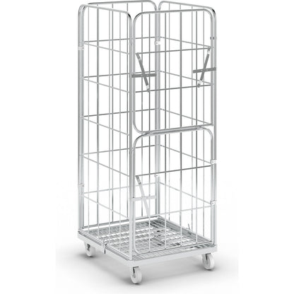 Steel roll container, 4-sided, overall height 1830 mm, 1 front panel, hinged and half folding.