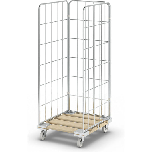 Roll container with wooden transport dolly, 3-sided, WxD 724 x 810 mm, effective height 1650 mm.