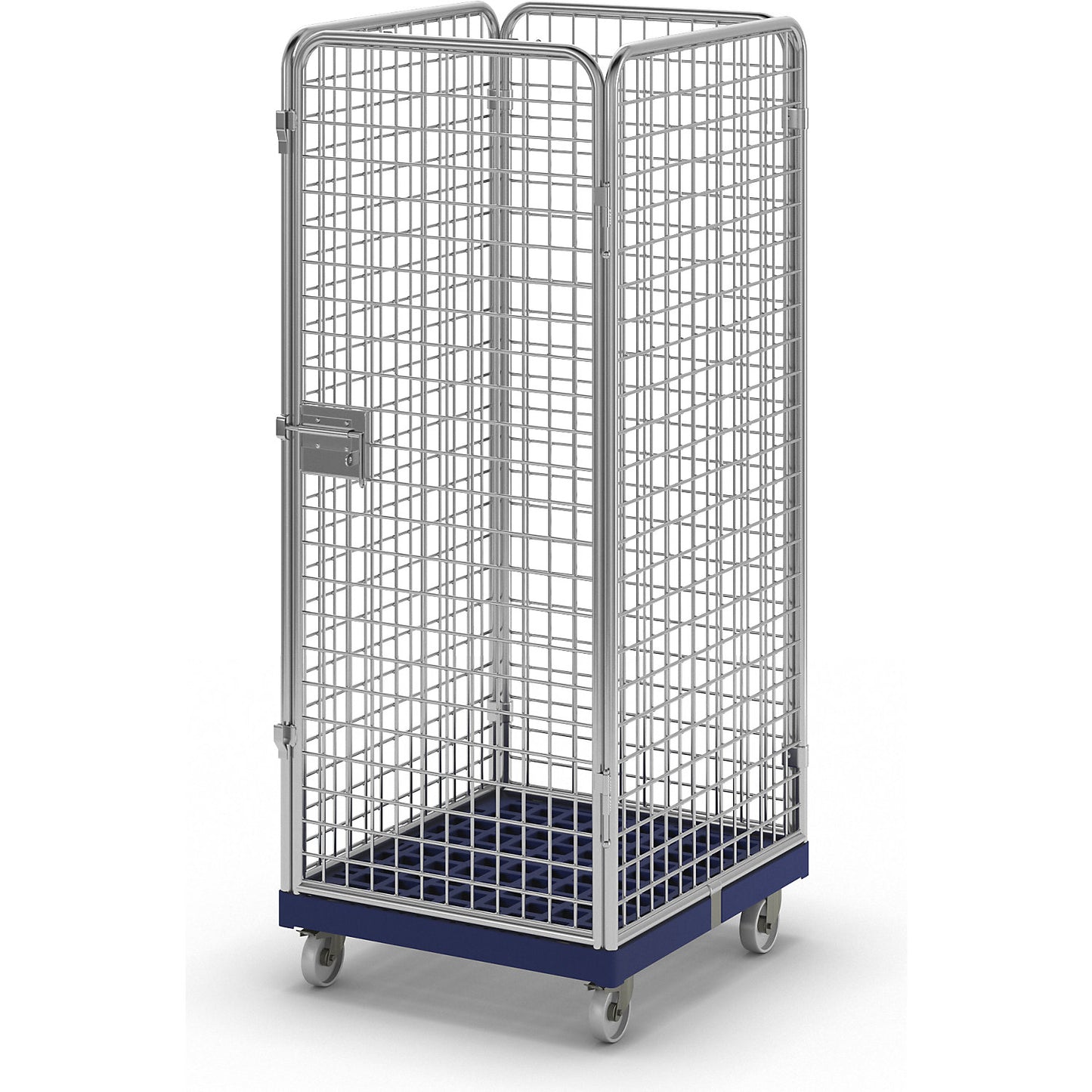 Wire mesh container with plastic dolly, 4-sided, effective height 1585 mm.