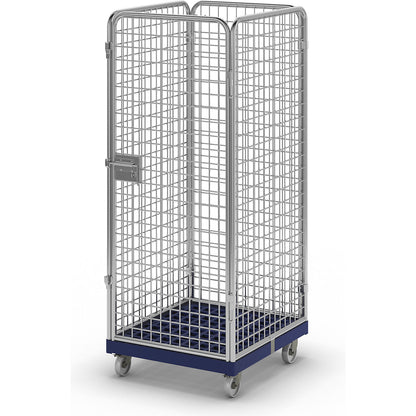Wire mesh container with plastic dolly, 4-sided, effective height 1585 mm.