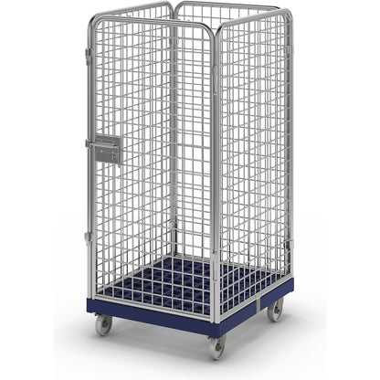 Wire mesh container with plastic dolly, 4-sided, effective height 1350 mm.