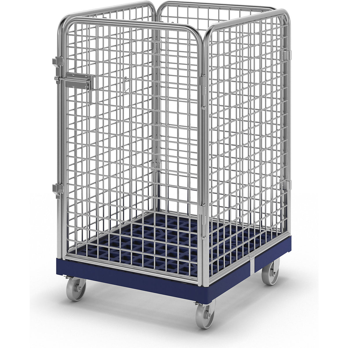 Wire mesh container with plastic dolly, 4-sided, effective height 1020 mm.