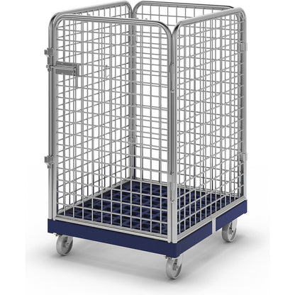 Wire mesh container with plastic dolly, 4-sided, effective height 1020 mm.