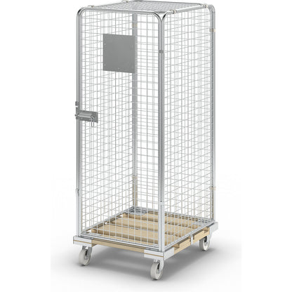 Security roll container with wooden dolly, effective height 1585 mm, with 1 door.