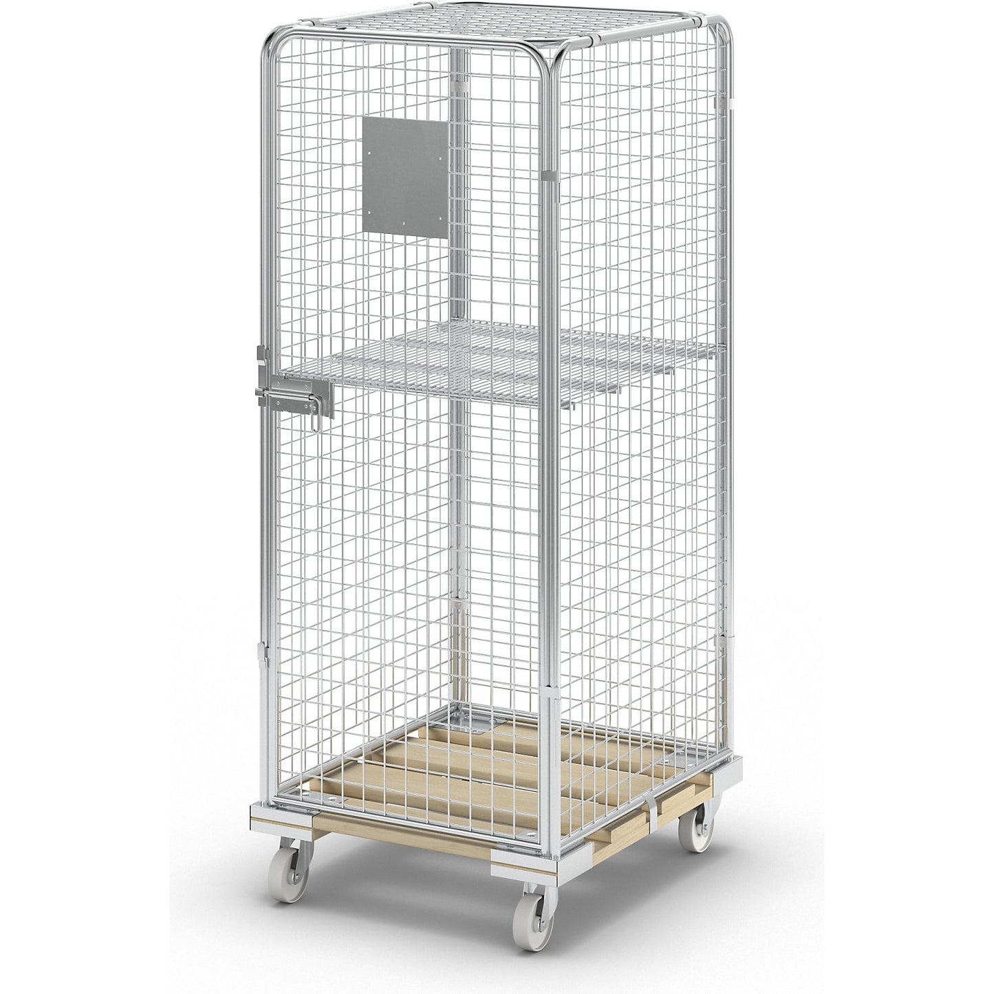 Security roll container with wooden dolly, effective height 1585 mm, with 1 door, 1 wire mesh intermediate shelf.