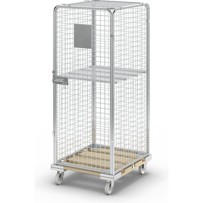 Security roll container with wooden dolly, effective height 1585 mm, with 1 door, 1 wire mesh intermediate shelf.