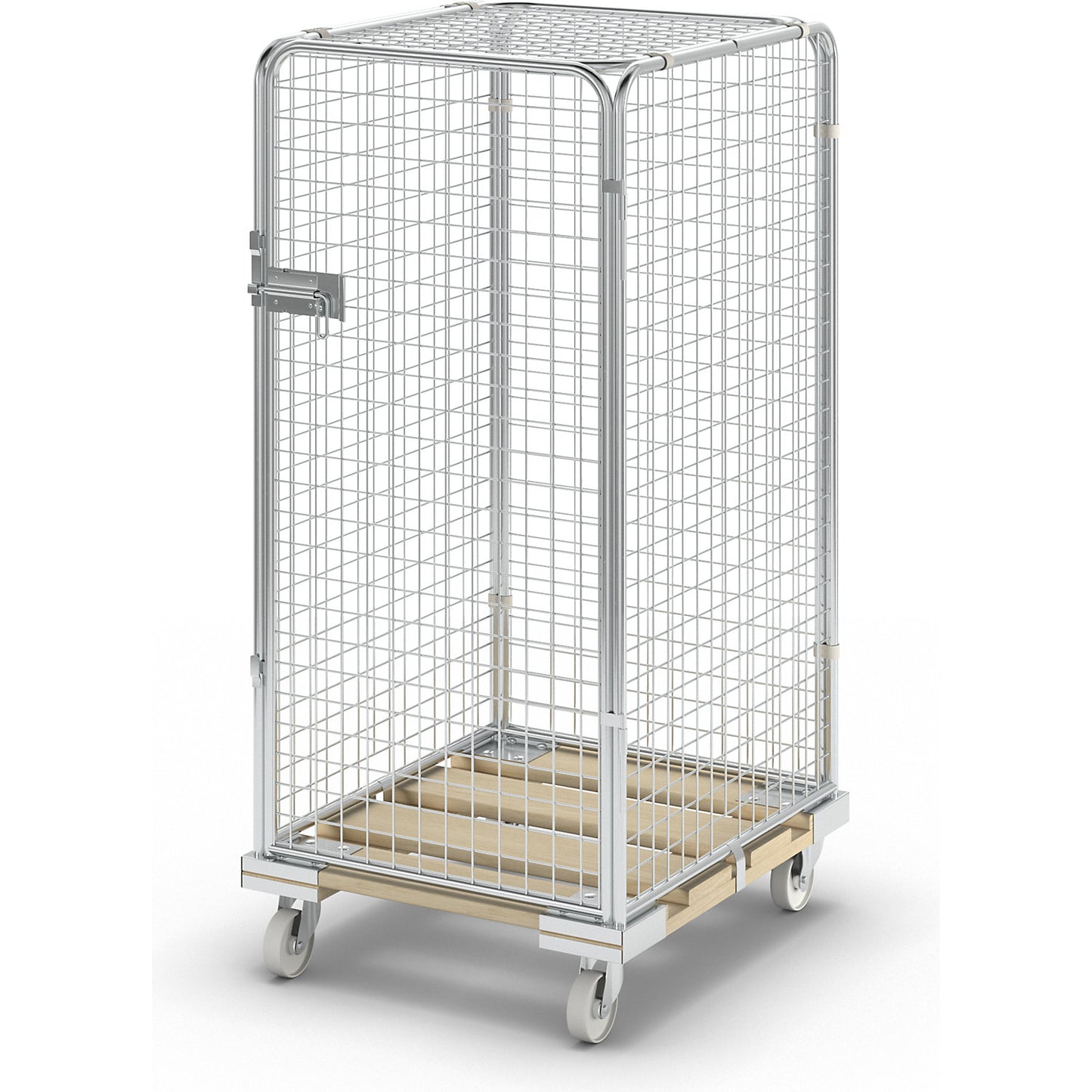 Security roll container with wooden dolly, effective height 1350 mm, with 1 door.