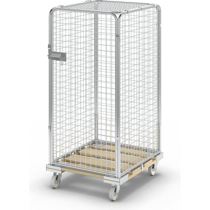 Security roll container with wooden dolly, effective height 1350 mm, with 1 door.