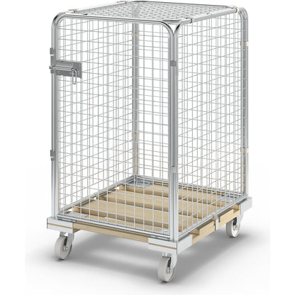 Security roll container with wooden dolly, effective height 1020 mm, with 1 door.