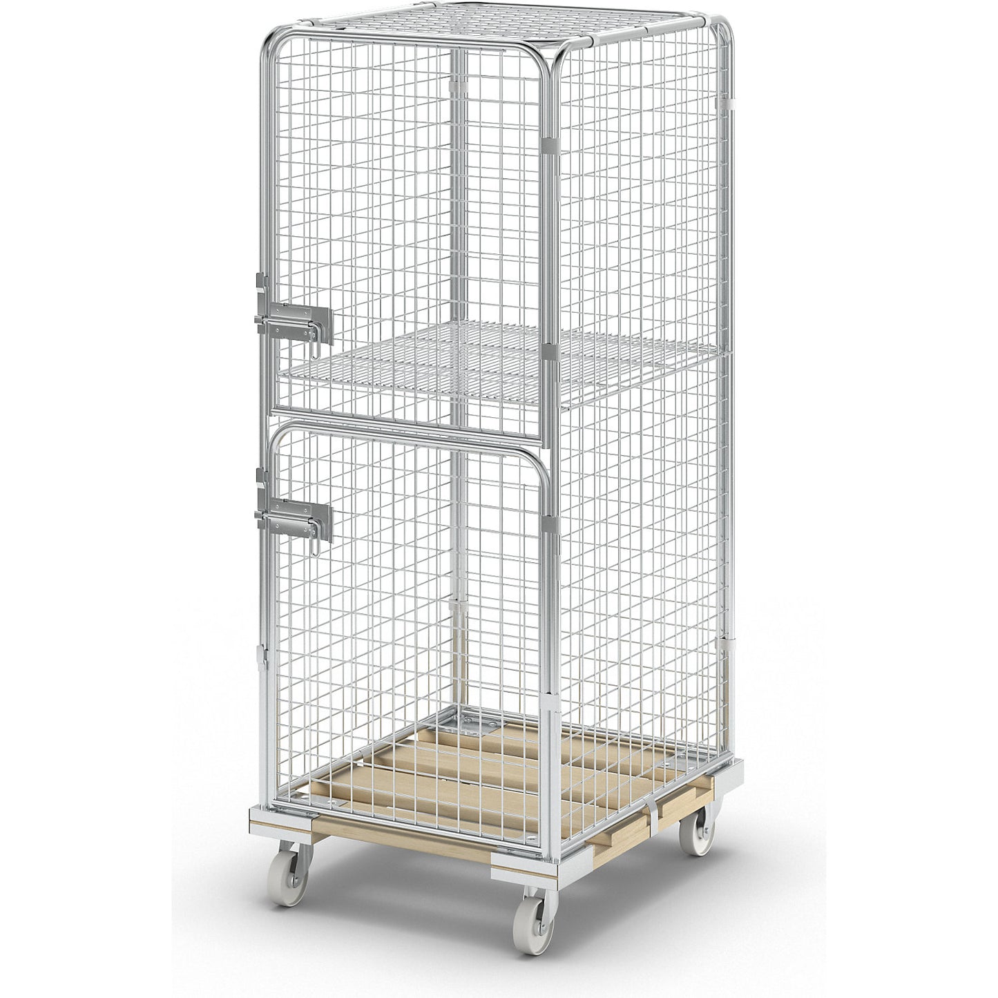 Security roll container with wooden dolly, effective height 1585 mm, with 2 doors, 1 wire mesh intermediate shelf.