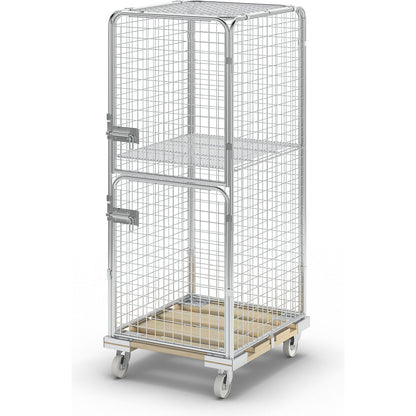 Security roll container with wooden dolly, effective height 1585 mm, with 2 doors, 1 wire mesh intermediate shelf.