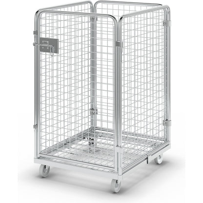 Wire mesh container with steel dolly, 4-sided, effective height 1020 mm.