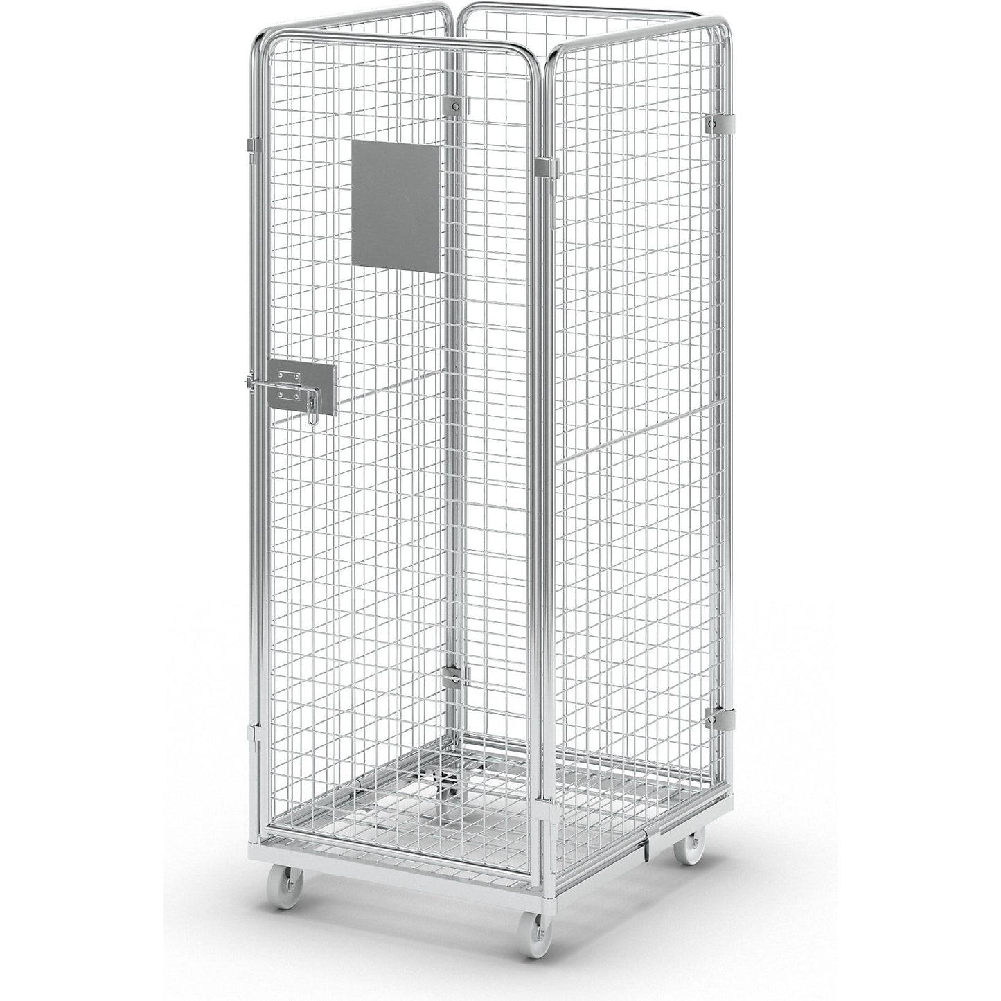 Wire mesh container with steel dolly, 4-sided, effective height 1585 mm.