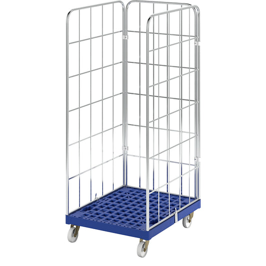 Roll container with plastic dolly, 3-sided, WxD 682 x 815 mm, effective height 1650 mm.