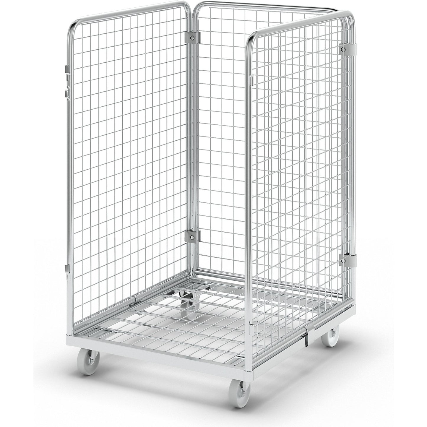 Wire mesh container with steel dolly, 3-sided, effective height 1020 mm.