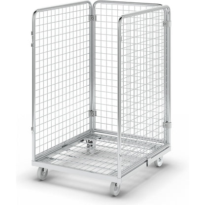 Wire mesh container with steel dolly, 3-sided, effective height 1020 mm.