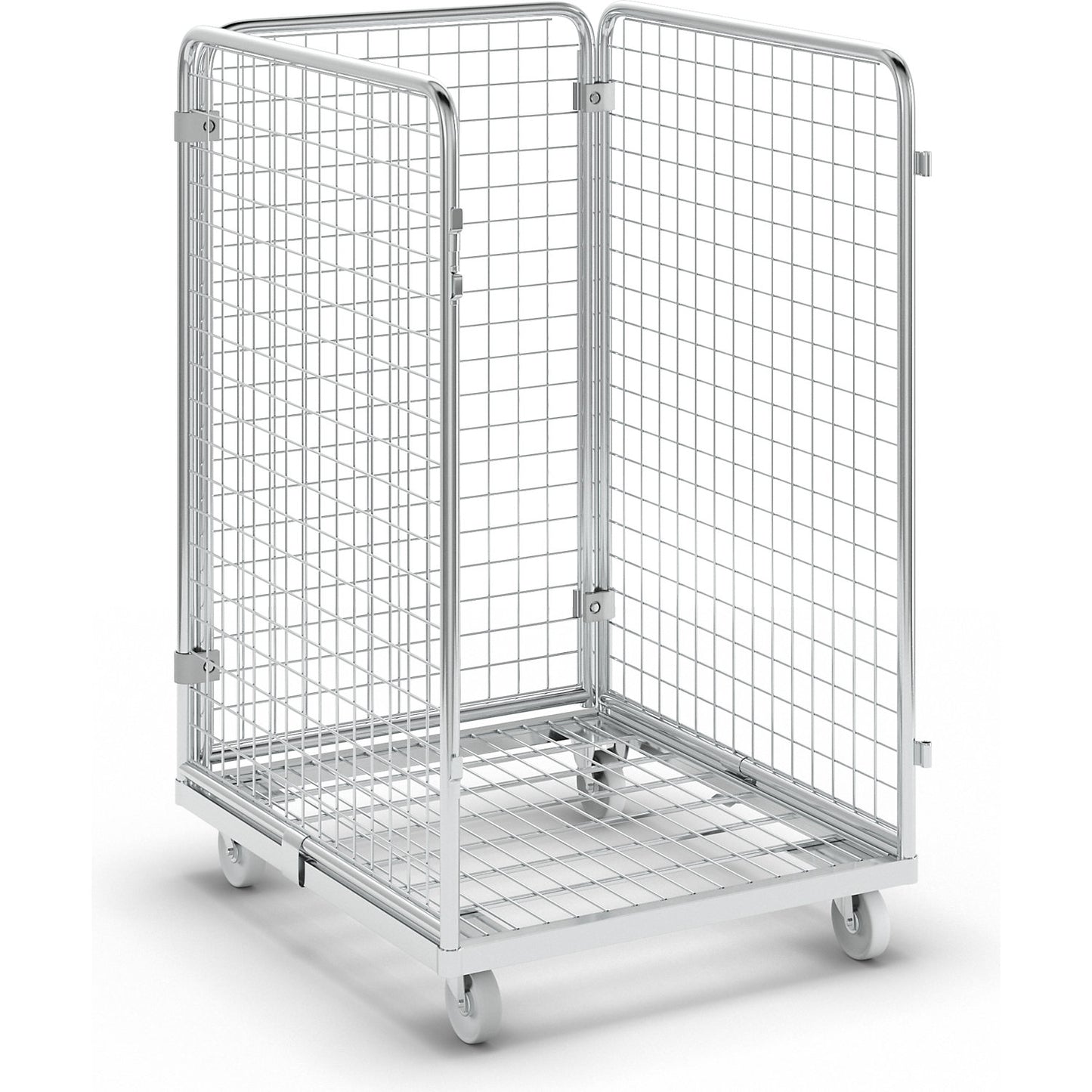 Wire mesh container with steel dolly, 3-sided, effective height 1020 mm.