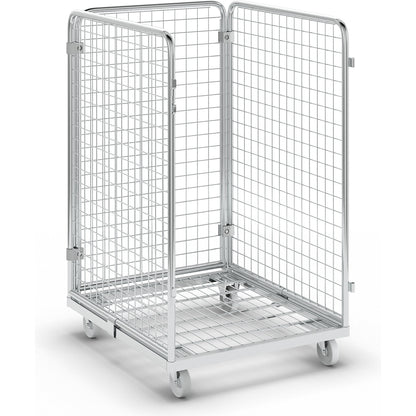 Wire mesh container with steel dolly, 3-sided, effective height 1020 mm.