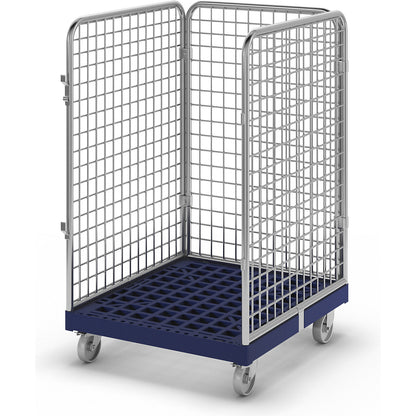 Wire mesh container with plastic dolly, 3-sided, effective height 1020 mm.