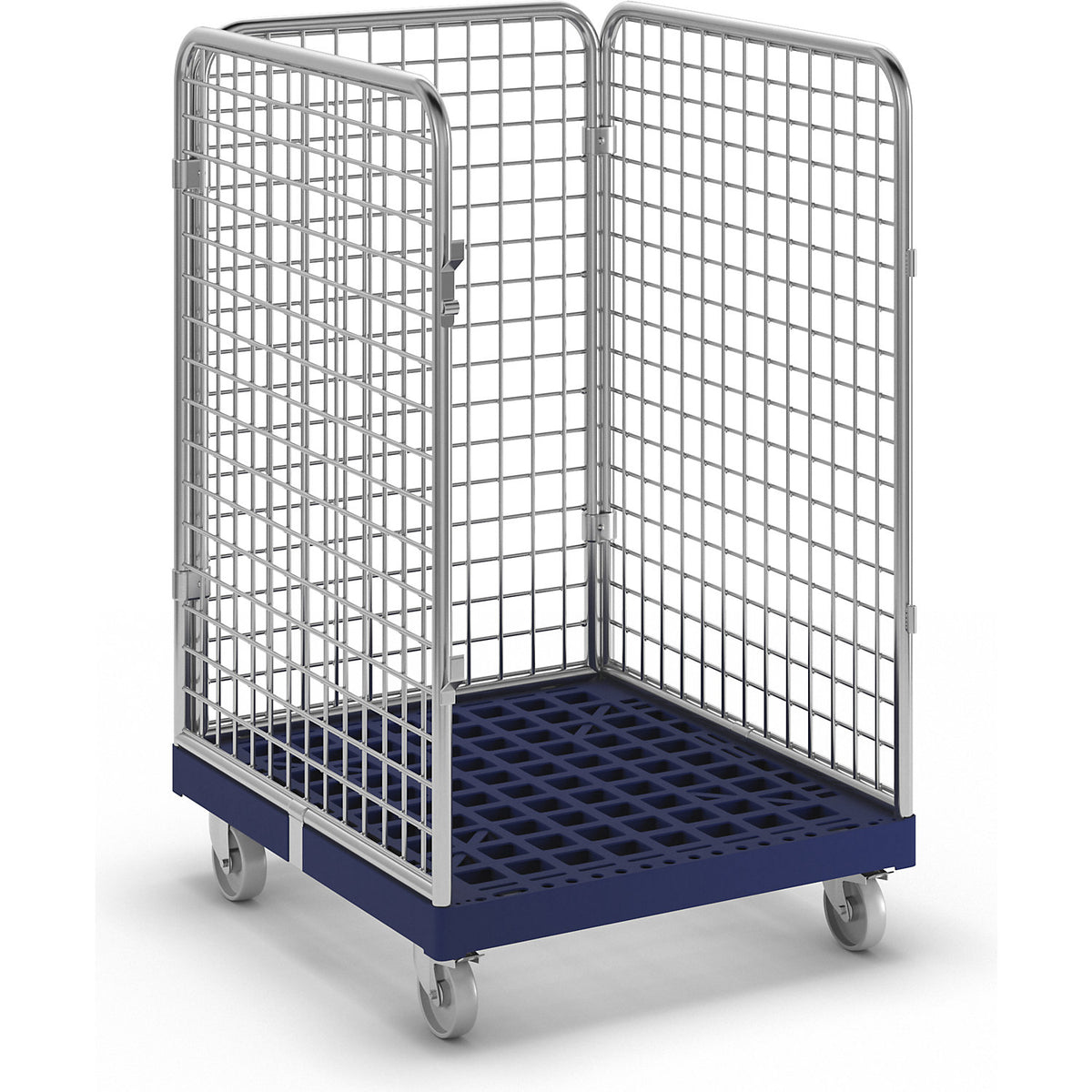 Wire mesh container with plastic dolly, 3-sided, effective height 1020 mm.