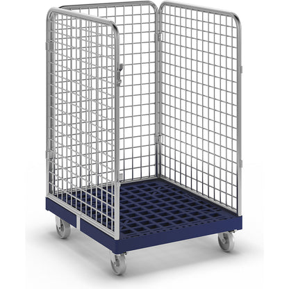 Wire mesh container with plastic dolly, 3-sided, effective height 1020 mm.