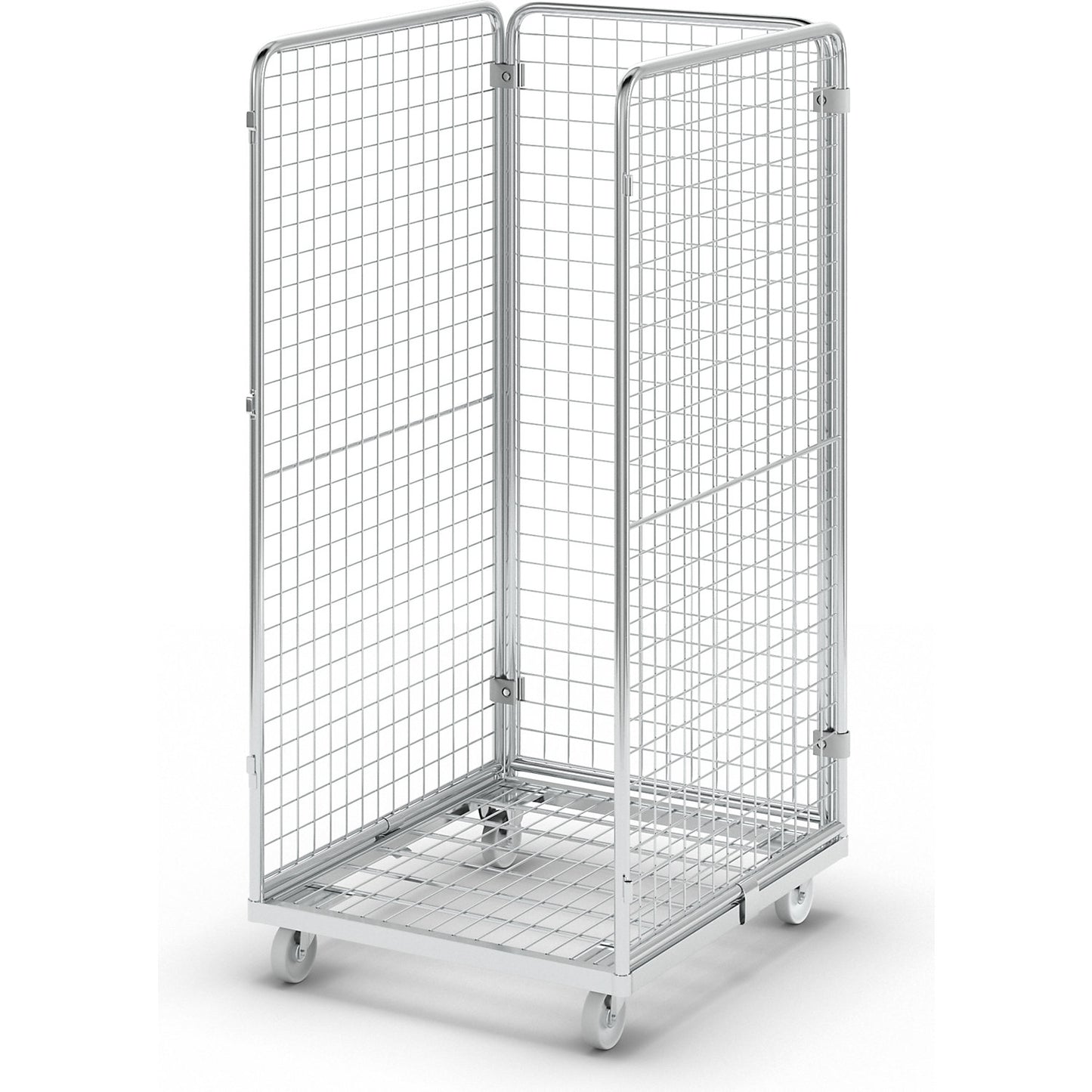Wire mesh container with steel dolly, 3-sided, effective height 1350 mm.