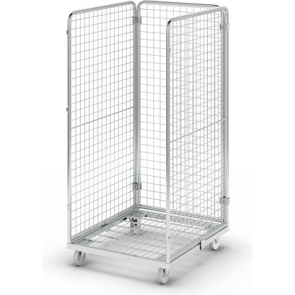 Wire mesh container with steel dolly, 3-sided, effective height 1350 mm.