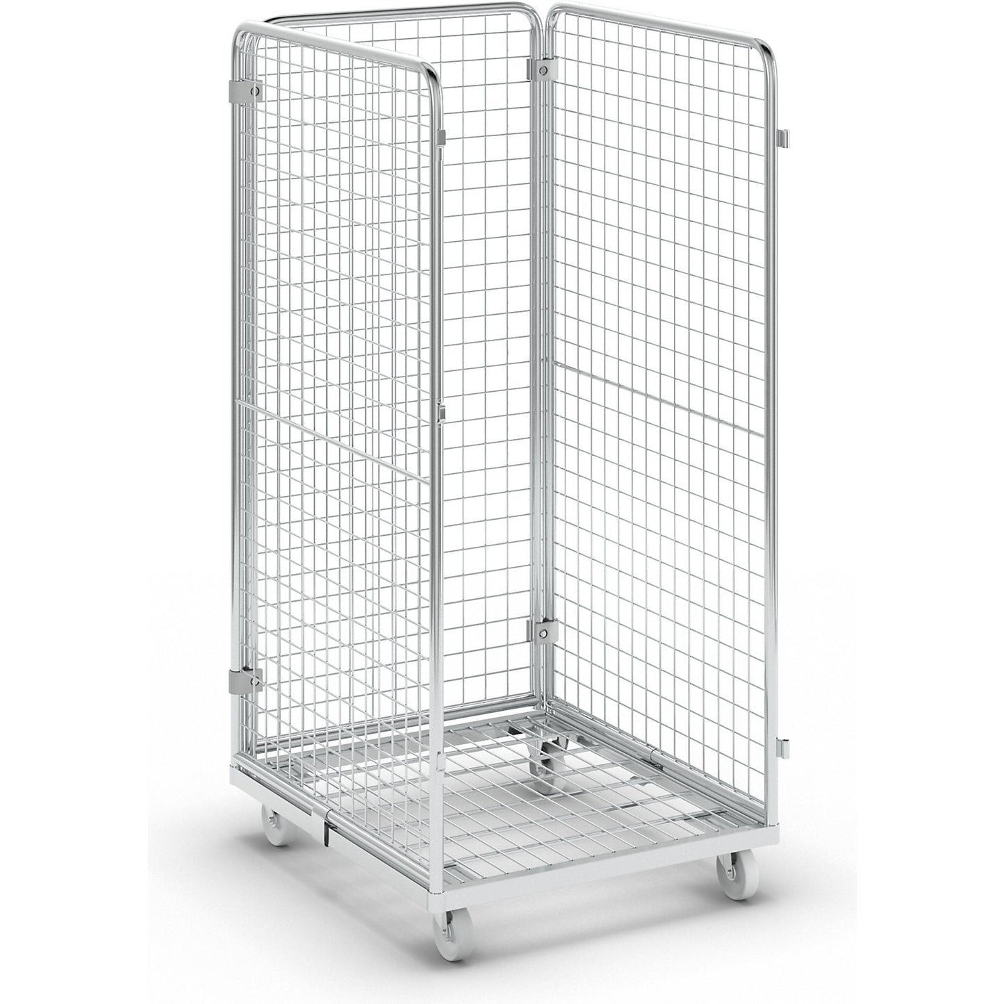 Wire mesh container with steel dolly, 3-sided, effective height 1350 mm.