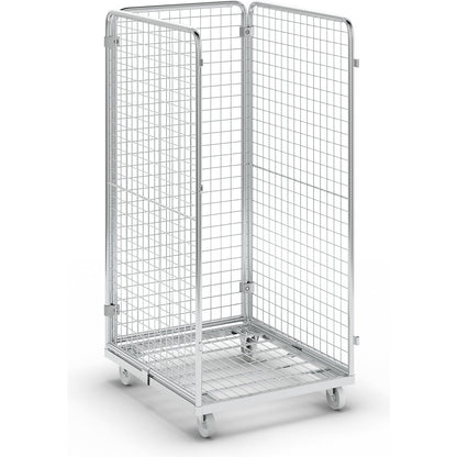 Wire mesh container with steel dolly, 3-sided, effective height 1350 mm.