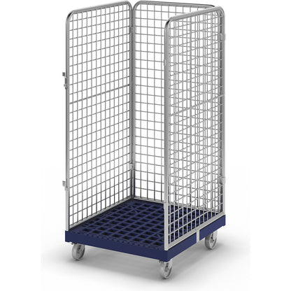 Wire mesh container with plastic dolly, 3-sided, effective height 1350 mm.