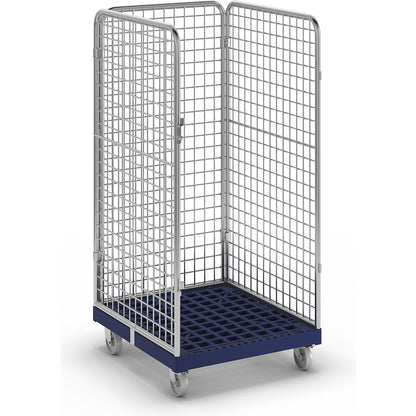Wire mesh container with plastic dolly, 3-sided, effective height 1350 mm.