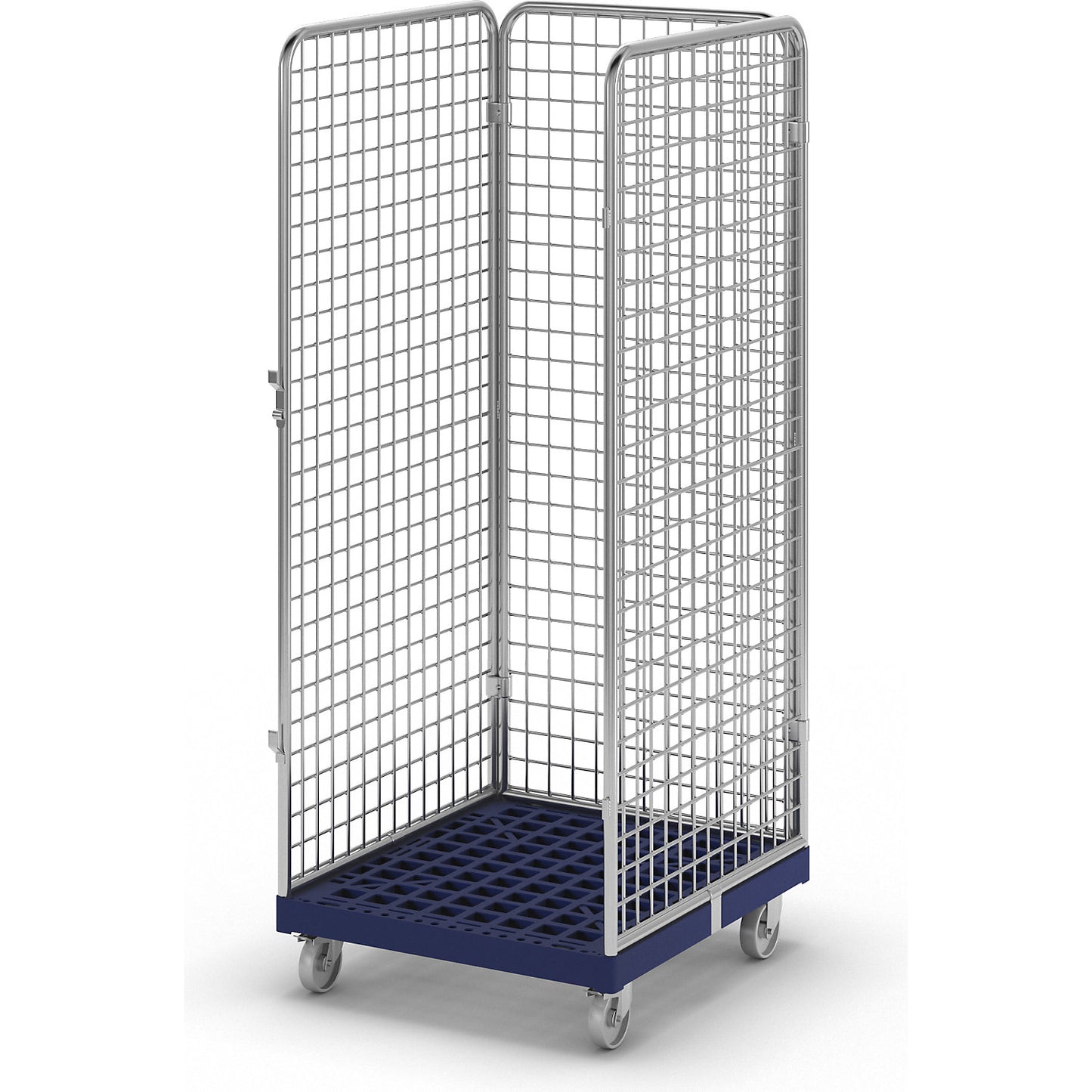 Wire mesh container with plastic dolly, 3-sided, effective height 1585 mm.